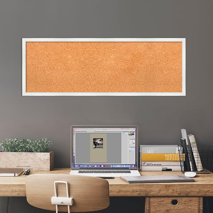Amanti Art Natural Cork Board for Wall, 13x37 Vision Board with White Frame, Medium Corkboard Office Decor for Home Organization, Country Rustic Corkboard Pinboard to Display Items for Home