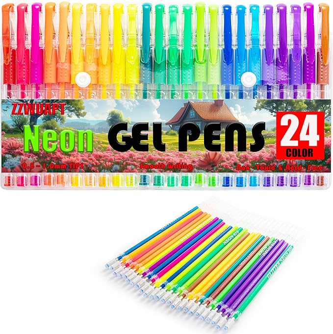 Neon Gel Pens for Coloring Book,72 Color Gel Pens Set including 24 Color Gel Pen with 48 Refills,40% More Ink Colored Gel Pens for Drawing, Doodling, Scrapbook, Journaling