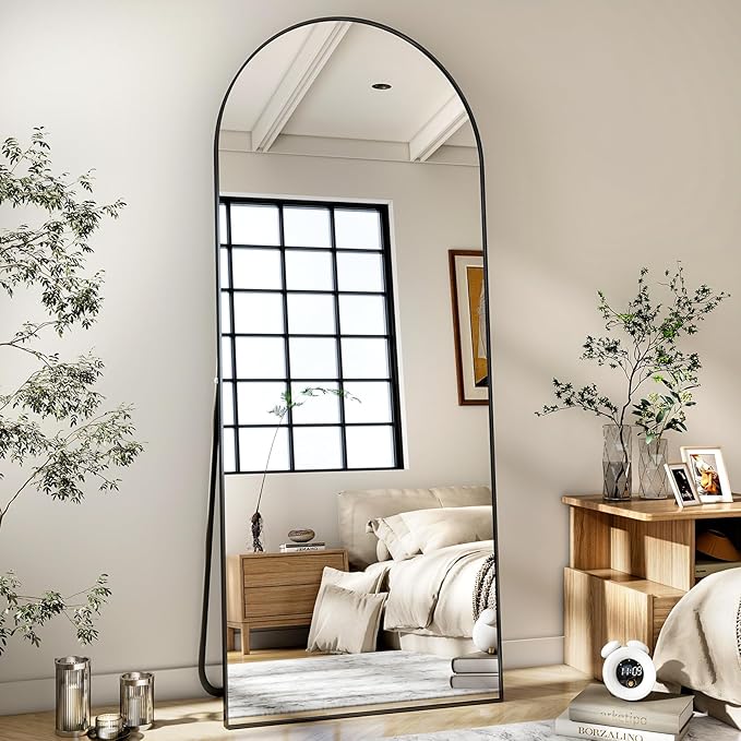 HARRITPURE 65"x24" Arched Full Length Mirror Free Standing & Wall-Mounted Full-Length Mirror with Stand Modern Black Mirror for Living Room Bedroom Cloakroom Aluminum Frame