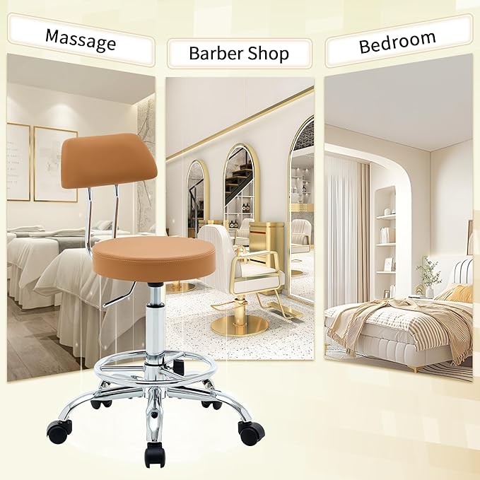 Rolling Stool with Back, Adjustable Tattoo Rolling Chair 19.5’’-26.6’’, Camel Brown Hairstylist Stool with Wheels (Camel Brown)