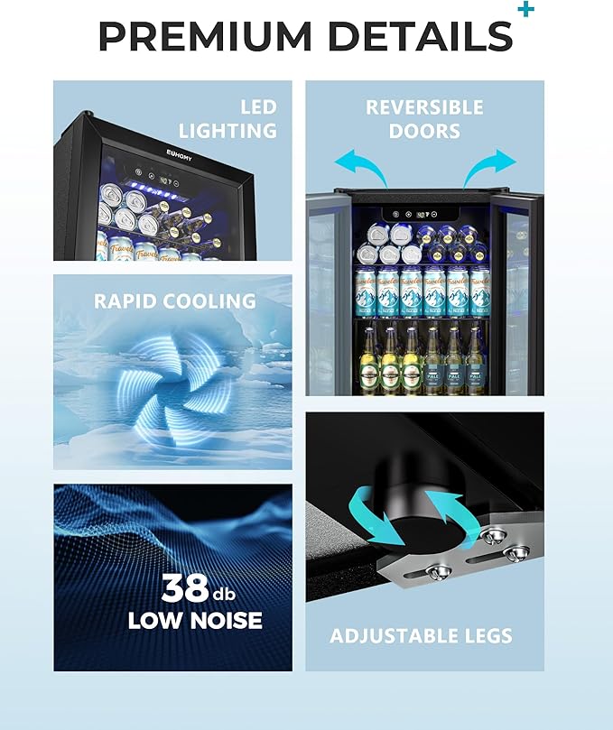 EUHOMY Beverage Refrigerator Cooler - 68 Can Mini Fridge with Glass Door for Soda, Beer, Wine, Small Refrigerator with Digital Temperature Control and Adjustable Shelves for Home Office Bar, 1.7 Cu.ft