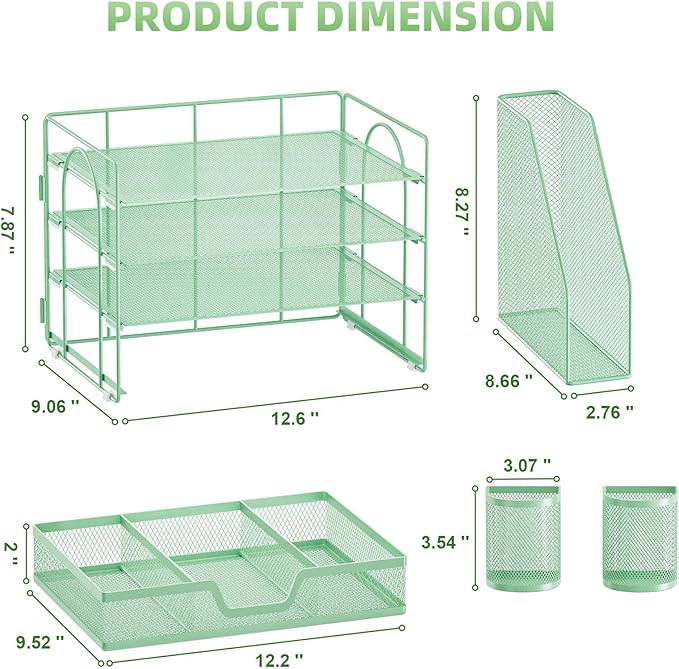 Marbrasse Desk Organizer and Accessories，4-Tier Paper Letter Tray Organizer with File Holder, Desk Accessories & Workspace Organizers with Drawer and 2 Pen Holder (Green, 15.4" x 9.1" x 8.3")