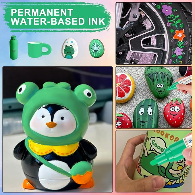 Paint Markers Paint Pens - 2 Pack Dual Tip Acrylic Permanent Marker (0.7mm & 3mm), Non-Toxic, Water-Based for Art Painting, Stone, Ceramic, Glass, Wood, Fabric, Metal, DIY Crafts (Green)