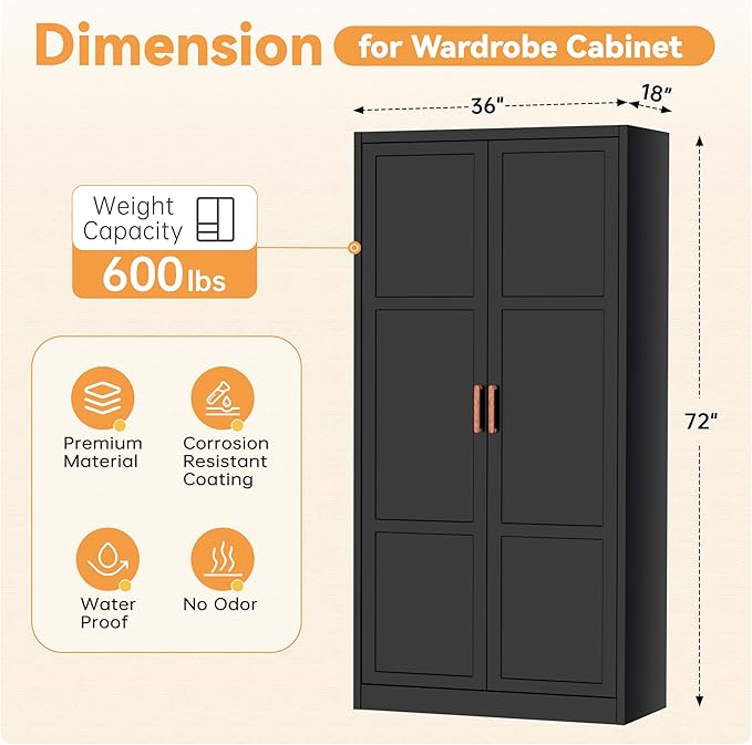 INTERGREAT Metal Storage Cabinet with Hanging Rail, Black Armoire Wardrobe Closet with 2 Doors,72" H Storage Closet Cabinets with Adjustable Shelves and Removable Hanging Rods