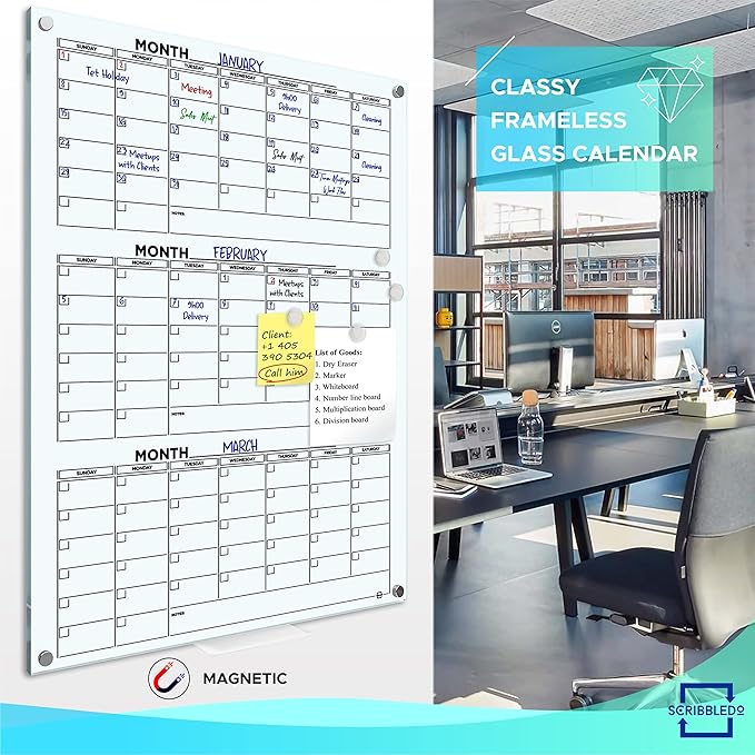 Glass Whiteboard Calendar 34x46” Quarterly Planner White Board Dry Erase Board 3 Month for Wall Glass Whiteboard Home Office Large Wall Calendar 2025 & Marker Tray