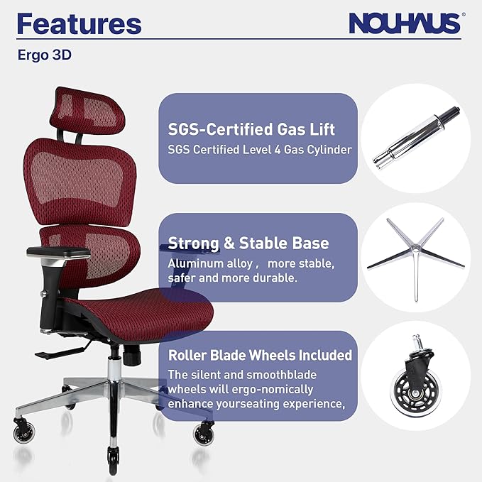Nouhaus Ergo3D Ergonomic Office Chair Lumbar Support Mesh Office Chair with 4D Adjustable Armrest, Adjustable Headrest and Wheels, Mesh High Back Home Office Desk Chairs(Burgundy)