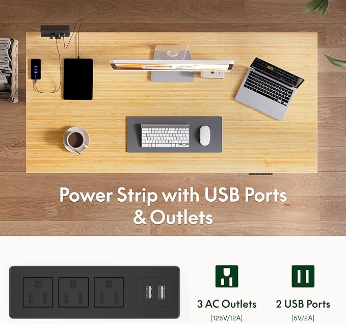 FLEXISPOT EN2 Whole-Piece Bamboo Standing Desk with Clamp Power Strip, 55 x 28 Electric Stand Up Height Adjustable Desk with Cable Management (Grey Frame + 55" Bamboo Top, 2 Packages)