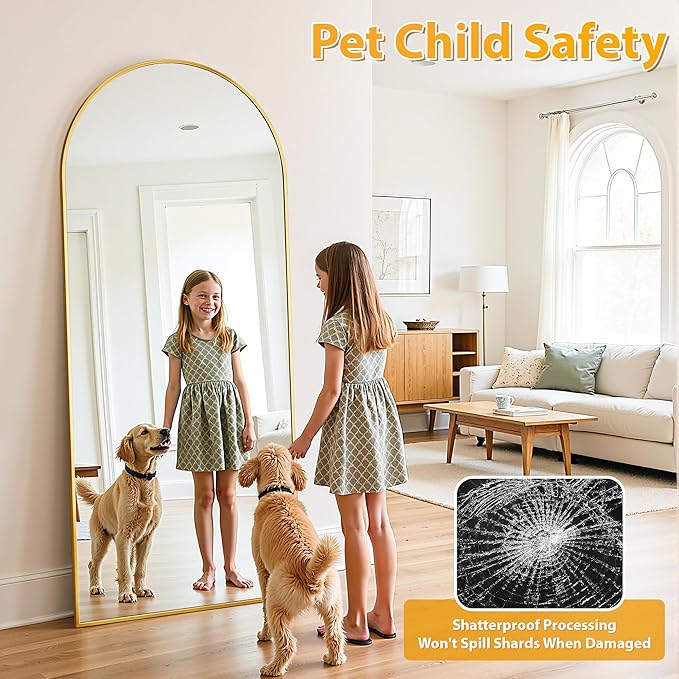 Full Length Mirror, 78"x38" Oversized Floor Mirror Freestanding, Full Body Mirror Floor Standing Mirrors with Stand, Hanging Mounted Mirrors for Bedroom Living Room, Gold, Arched Style