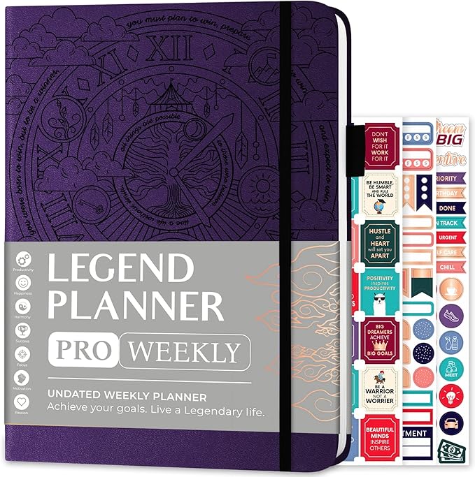 Legend Planner PRO – Deluxe Weekly & Monthly Life Planner to Increase Productivity and Hit Your Goals. Time Management Organizer Notebook – Undated – 7 x 10" Hardcover + Stickers – Dark Purple