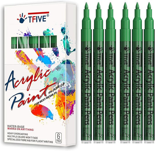 Green Marker Paint Pens - 6 Pack Acrylic Green Permanent Marker, 0.7mm Extra Fine Tip Paint Pen for Art Projects, Drawing, Rock Painting, Stone, Ceramic, Glass, Wood, Plastic, Metal, Canvas DIY Crafts