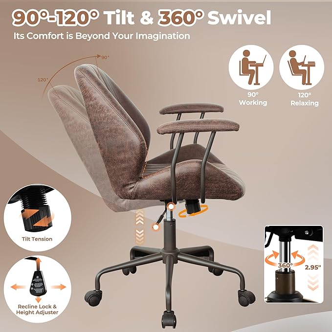 ovios Ergonomic Home Office Chair, Mid-Century Modern Faux Leather Chairs with Padded Armrests, Comfy Mid Back Swivel Rolling Executive Computer Armchair (Dark Brown, Suede Leather)