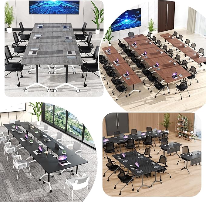 Conference Room Table, Folding Conference Tables,Thicken Grey Tabletop,Flip Top Wooden Seminar Meeting Room Table for Conference Room Offices (10, White, 55.1”)