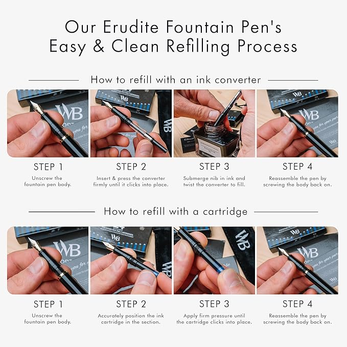 Wordsworth & Black Fountain Pen Set, 18K Gilded Extra Fine Nib, Includes 24 Pack Ink Cartridges, Ink Refill Converter & Gift Pouch, Gold Finish, Calligraphy, [Black Gold], Perfect for Men & Women