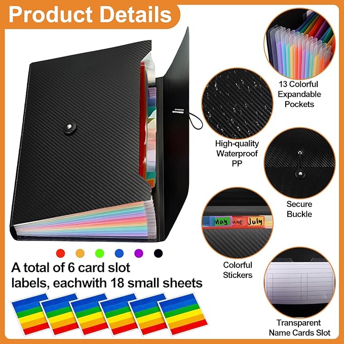 Patelai 6 Pack File Folder Organizer 13 Pocket Expanding File Folder A4 Letter Size Paper Document Receipt Organizer with Labels and Colored Inside Pages for Classroom, Home, Office and Travel, Black
