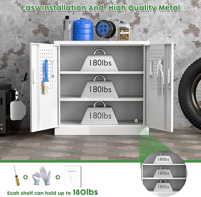 Aobabo 31.5" H Small Garage Storage Cabinet with Pegboard,Lockable File Storage Cabinet with 2 Adjustable Shelves for Garage, Office, School, Assembly Require, White
