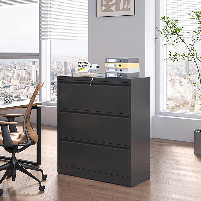 3 Drawer Lateral File Cabinet with Lock, Metal Filing Cabinets for Home Office, Steel Storage Wide File Cabinet for Letter/Legal/F4/A4 Size with Hanging Bars, Assembly Required (Black)