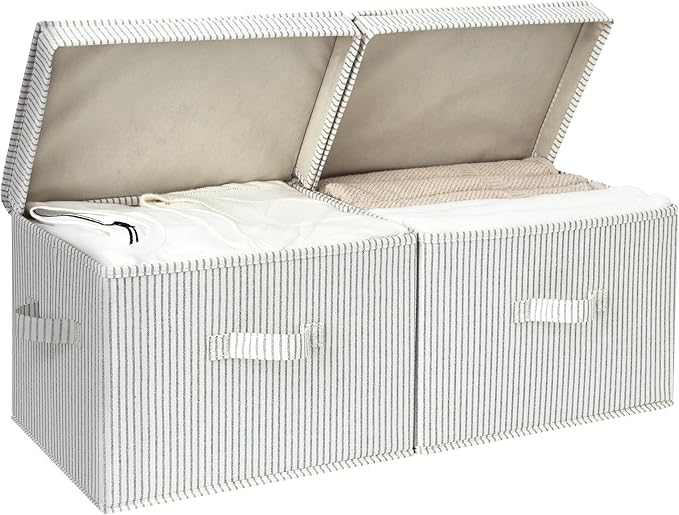 StorageWorks Fabric Storage Bins with Lid, Decorative Storage Boxes for Shelves, Stackable Closet Organizer Basket with Handles, Large, Gray and White Stripes, 2-Pack