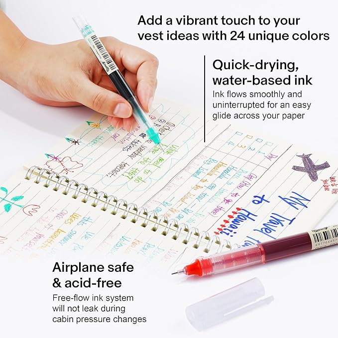 RIANCY Liquid Ink Rollerball Gel Pens, 0.5mm Extra Fine Point Tip, 24ct Assorted Colors, Smooth Writing No Smear No Bleed, Vibrant for Journaling, Drawing, Sketching, School Notes & Art Supplies