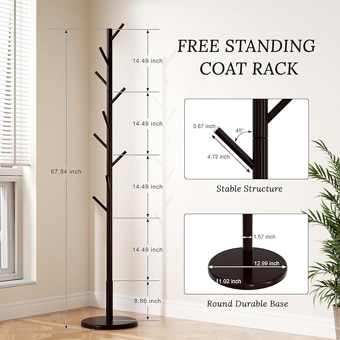 Wooden Freestanding Coat Tree with 4 Height Options and 9 Hooks, Sturdy Coat Rack Stand for Clothes/Bags/Hats, Save Space Coat Rack for Entryway, Bedroom, Office, Narrow Place (Coffee)