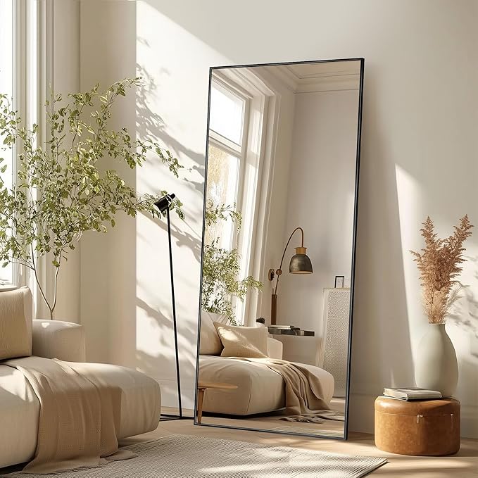 Full Length Mirror, 58"x18" Oversized Floor Mirror Freestanding, Full Body Mirror Floor Standing Mirrors with Stand, Hanging Mounted Mirrors for Bedroom Living Room, Black, Rect Style
