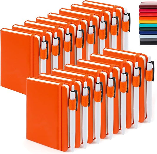 feela 15 Pack Pocket Small Notebooks Bulk, Mini Cute Notepads Hardcover College Ruled Lined Journals with Pen Holder for School Business Memos, with 15 Black Pens, 3.5”x 5.5”, A6, Orange