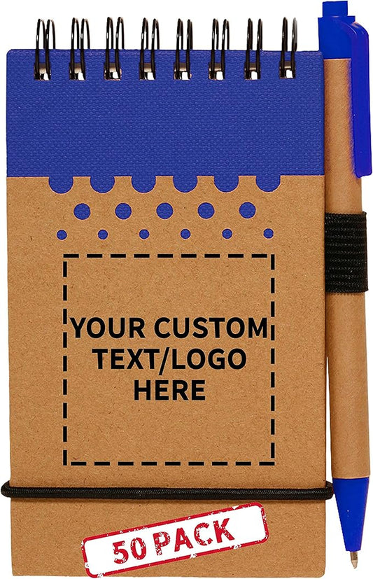 DISCOUNT PROMOS 50 Recyclable Spiral Small Notebooks Pack - Customizable Text, Logo - 60 Lined Pages - Blue