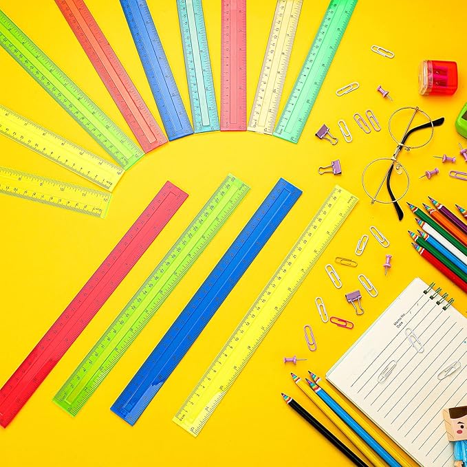 Panelee 108 Packs 12 Inch Plastic Ruler - Color Transparent, Assorted Colors, Metric Clear With Inches and Centimeters for Kids, School, Home, Classroom, Office - Back to School Gifts Supplies