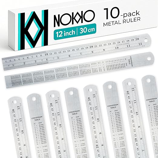 NOKKO Metal Ruler 12 Inch - Pack of 10 - Measuring Set of 12-Inch / 30 cm Stainless Steel Rulers with Imperial & Metric Measurements & Conversion Table - Metal Straight Edge Ruler for Cutting