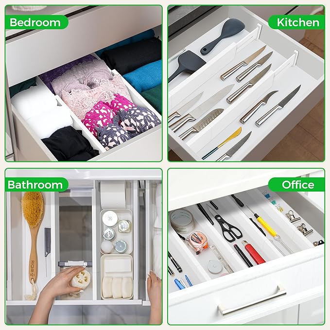 Bamboo Drawer Dividers Organizer with Inserts, Expandable from 12.5-21.7", Adjustable Drawer Organizer Separators for Utensils, Dresser, Bedroom, Bathroom, Closet, Clothing, Office (White)