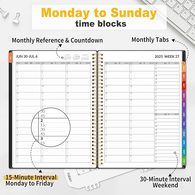 SUNEE 2025-2026 Appointment Book, Quarter-Hourly, Weekly & Monthly - from July 2025 to June 2026, 8.5"x11" Academic Planner, Flexible Cover, Note Pages, Bookmark, Spiral Binding, Black