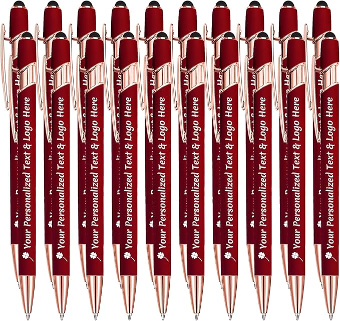 STREADVE Personalized Custom Pens 20 Engraved Writing Pen with Name Logo, Customized Promotional Items Stylus Pen Gifts for Communion Wedding Men Women Realtor Business, Deep Red