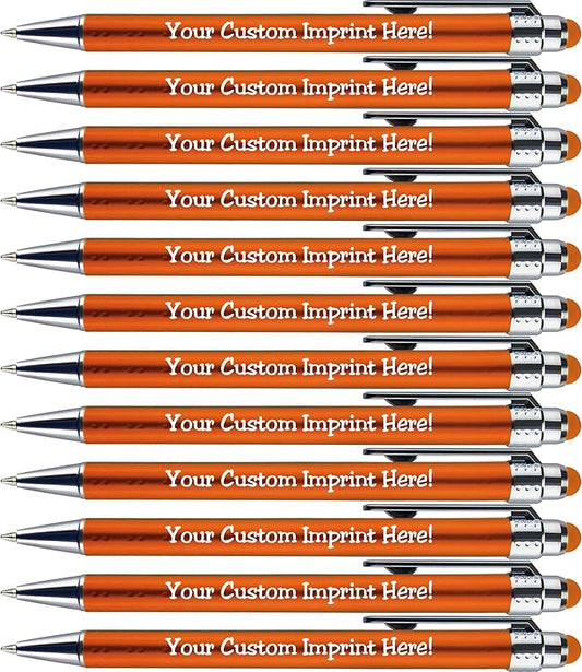 Personalized Pens with Stylus Tip -Bright Vibes- Click action - Custom - Black writing - Printed Name pens - Imprinted with Your Logo or Message - FREE PERSONALIZATION - 12 Pens/Box (Orange)