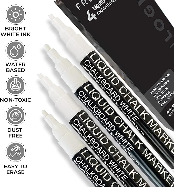Liquid Chalk Markers - 4 White Fine Tip Chalk Pens, Erasable, Non-Toxic, Water-Based, Kids & Adults - White Chalk Markers for Blackboard, Glass, Chalkboard Paint for Businesses, Restaurants