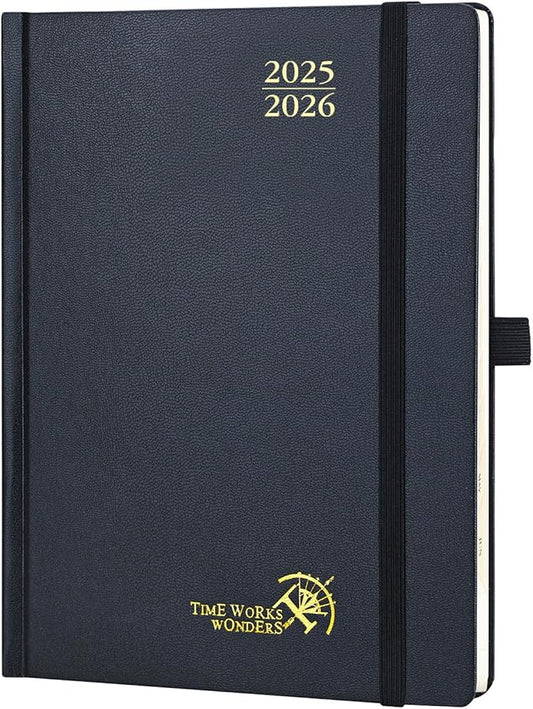 POPRUN Planner 2025-2026, (Medium 6.5'' x 8.5'' Hard Cover) Academic Calendar (July 25-June 26) Daily Weekly and Monthly Appointment Book with Hourly Time Slots, Monthly Tabs, 100 GSM - Black