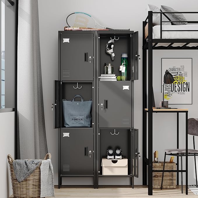 Aobabo 16" W 3 Door Metal Storage Locker with Lock, 66" H Steel Locker with Name Card Holder and Metal Hook for School, Home, Office, Playroom, Assembly Required, Black