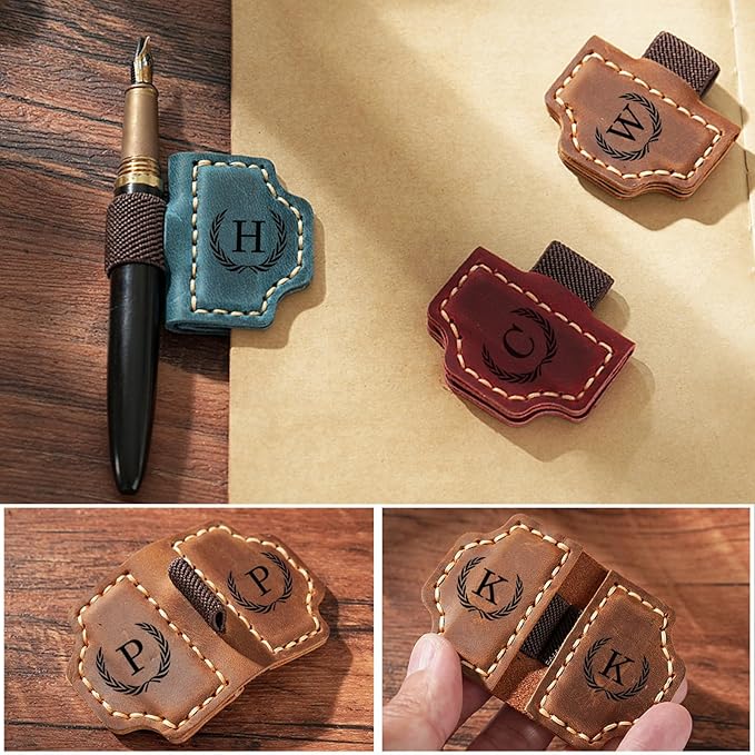 Artlaza Personalized Magnetic Leather Bookmark with Pen Holder - 26 Letters Custom Book Mark with Name Initial Engraved Book Marker for Readers, Book Lovers, Travelers - Gift for Women & Men(Brown，I