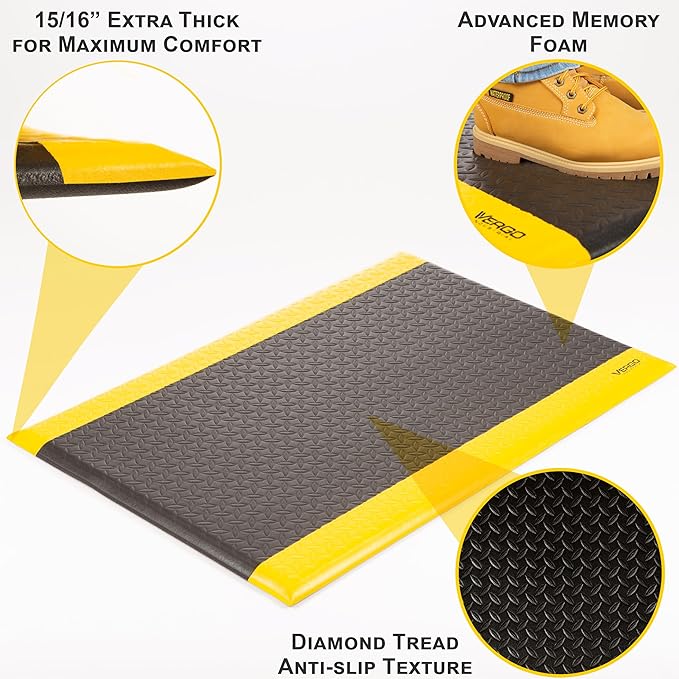 Vergo Industrial 15/16” Extra Thick Anti Fatigue Mat - Heavy Duty Commercial Grade Diamond Plate Ergonomic Standing, Non-Slip Black with Yellow Anti Fatigue Floor Mat for Work, Shop (1-Pack 2' x 3')