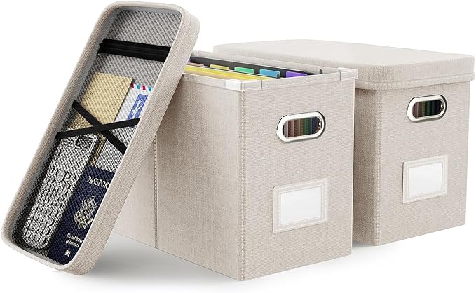 Oterri File Organizer With Lid, Hanging Filing Box With Mesh Pocket, Document Organizer for Letter Files, Portable Storage With Smooth Sliding Rail for Office & Home (2 PCS, Beige)