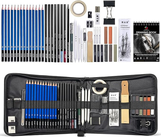 H & B 50 Pack Drawing Set Sketching Kit, Pro Art Supplies with 3-Color Sketchbook, Include Colored, Graphite, Charcoal, Watercolor & Metallic Pencil, for Artists Adults Beginner