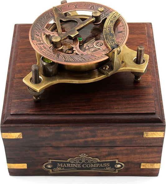 HanVintage Marine WEST London Antique 2.5" Brass Sundial Compass – Nautical Decor, Vintage Big Brass Triangle Sundial with Adjustable Screw Legs, Maritime Gift