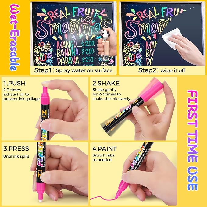 SFAIH 8 Vibrant Liquid Chalk Markers Erasable - Chalk Pens for Blackboard, Calendar, Windows, Glass, Bistro, Stores, Signs, Zero Dust, Non-Toxic, 4.5mm Reversible Tip, With Highlighter Color Markers