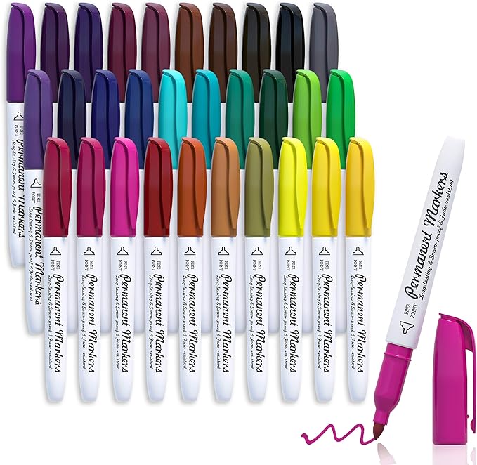 Lelix 30 Colors Permanent Markers, Fine Point, Assorted Colors, Works on Plastic,Wood,Stone,Metal and Glass for Kids Adult Coloring Doodling Marking