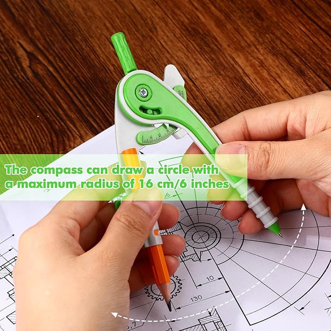 Zonon 1 Set Plastic Geometry Math Set 7 Pcs Includes 6'' / 4 '' Protractor, Drawing Compass, 45/60 Degree Triangle Rulers, 12'' / 6'' Math Ruler Transparent for Office Supplies(Green)