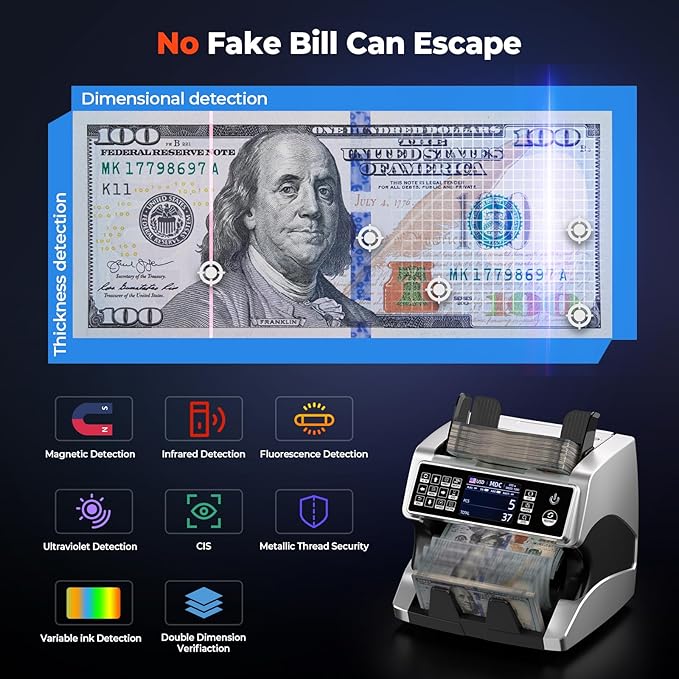 MUNBYN IMC01 Bank Grade Money Counter Machine Mixed Denomination, 2CIS/UV/IR/MG/MT Counterfeit Detection, Serial Number, MUL Currency Cash Counter, Printer Compatible Bill Value Counter (Silver)