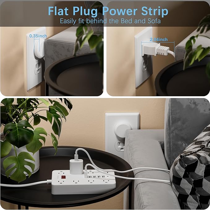 Extension Cord Power Strip Surge Protector 15 Ft, HUNIAN Flat Plug with 8 Widely Spaced Outlets 6 USB (1 USB C Port), Wall Mount Charging Station for Home and Office