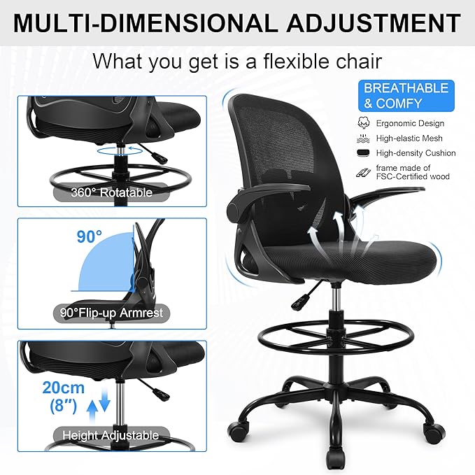 Primy Drafting Chair Tall Office Chair with Flip-up Armrests Executive Ergonomic Computer Standing Desk Chair with Lumbar Support and Adjustable Footrest Ring (Black)