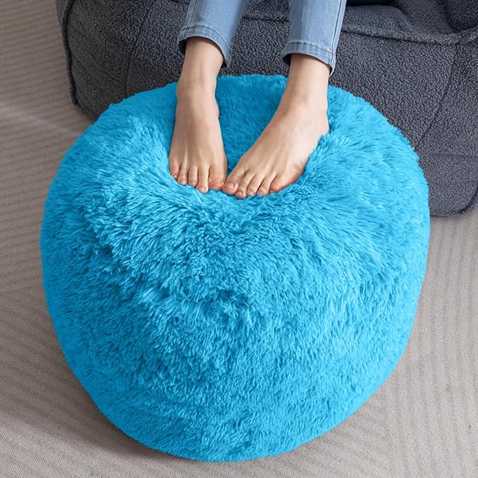 HIGOGOGO Round Stuffed Pouf Ottoman, Long Faux Fur Poufs with Foam Chunk Filling, Fluffy and Furry Pouf Foot Stool Storage Ottoman, 20 X 15 Floor Poufs Foot Rest for Living Room, Blue
