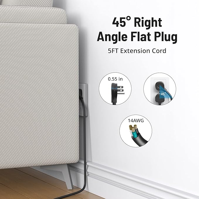 TROND Power Strip Surge Protector 10ft, ETL Listed, Flat Plug Extension Cord with 2 USB-A & 1 USB-C, Wall Mountable, 7 Widely-Spaced Outlets, 1700J, for Home Office Garage, Black