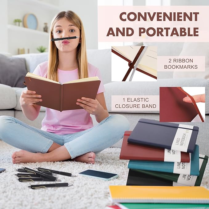 Aodaer 12 Set Lined Notebook Journals with Pens A5 Notebooks 100 GSM College Ruled Hardcover Notebook PU Leather Notepad with Pen Holder for Office School, 5.7 x 8.3 Inches, Deep Multicolor