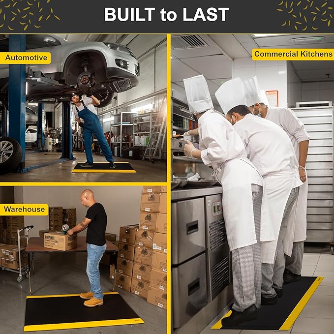 Vergo Industrial 15/16” Extra Thick Anti Fatigue Mat - Heavy Duty Commercial Grade Diamond Plate Ergonomic Standing, Non-Slip Black with Yellow Anti Fatigue Floor Mat for Work, Shop (1-Pack 3' x 5')